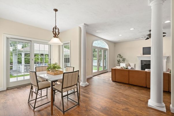 Dining room, Fireplace, Interior, Living room, Pendant Lights, Recessed Lighting, Wood Texture Flooring