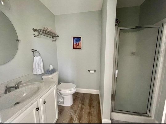 Bathroom, Glass Shower, Interior, Wood Texture Flooring