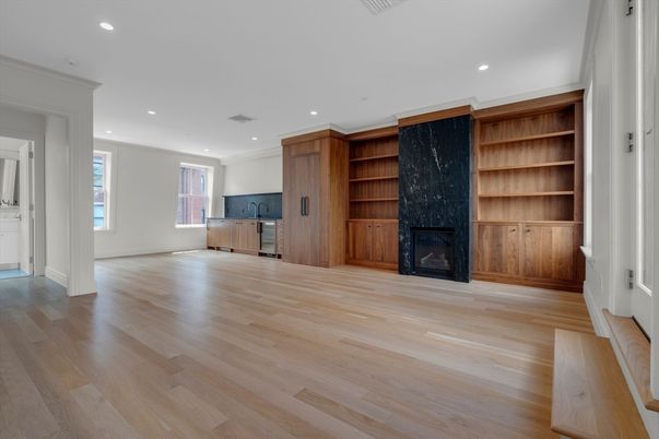 Empty room, Fireplace, Interior, Recessed Lighting, Wood Texture Flooring