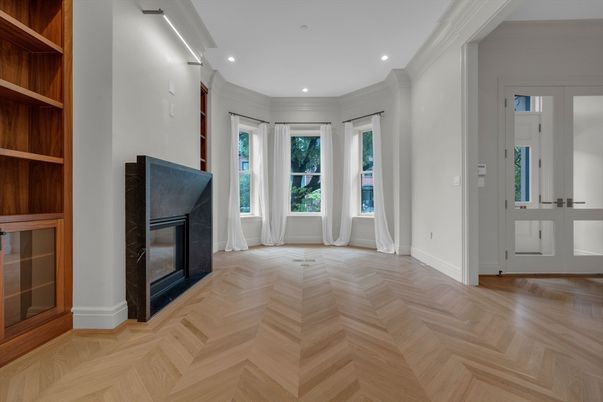 Empty room, Fireplace, Interior, Recessed Lighting, Wood Texture Flooring