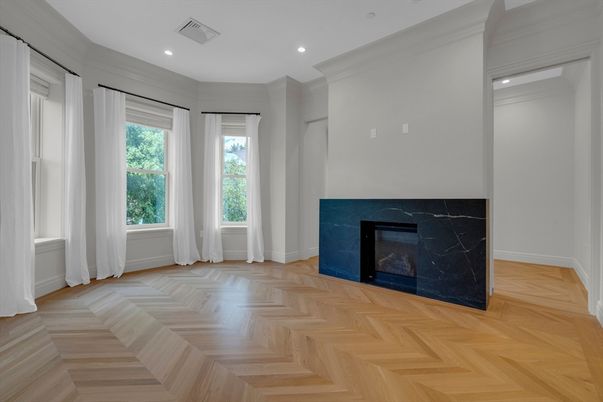 Empty room, Fireplace, Interior, Recessed Lighting, Wood Texture Flooring