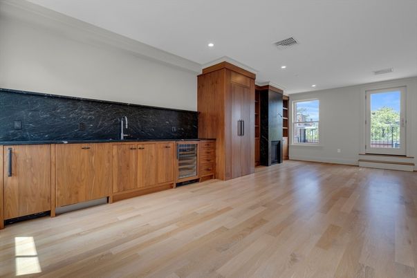 Empty room, Interior, Kitchen, Recessed Lighting, Wood Texture Flooring