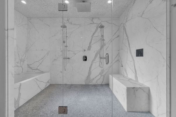 Bathroom, Glass Shower, Interior, Marble Walls, Recessed Lighting