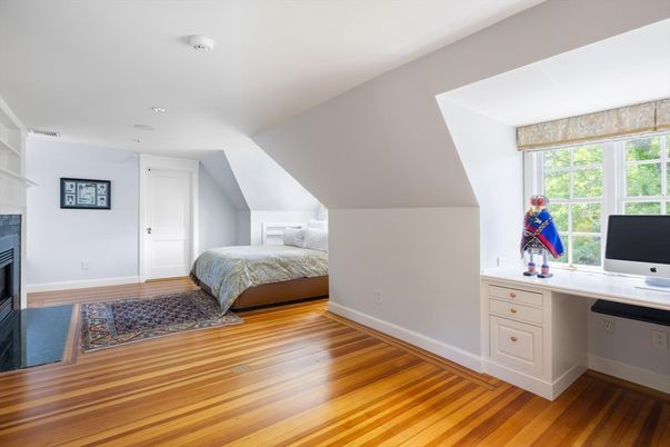 Bedroom, Fireplace, Home Office, Interior, Wood Texture Flooring
