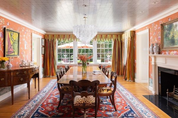 Chandelier, Dining room, Fireplace, Interior, Recessed Lighting, Wood Texture Flooring