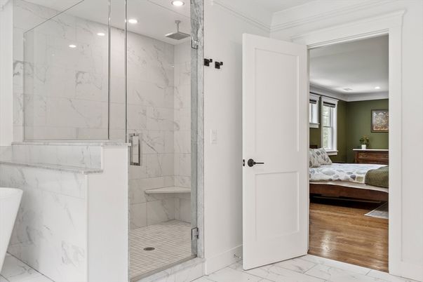 Bathroom, Bedroom, Glass Shower, Interior, Marble, Marble Walls, Recessed Lighting, Wood Texture Flooring