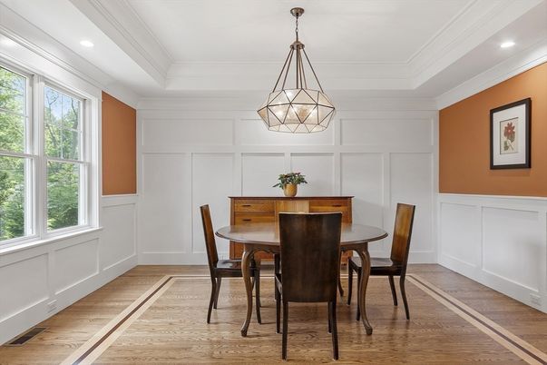 Dining room, Interior, Pendant Lights, Recessed Lighting, Wood Texture Flooring