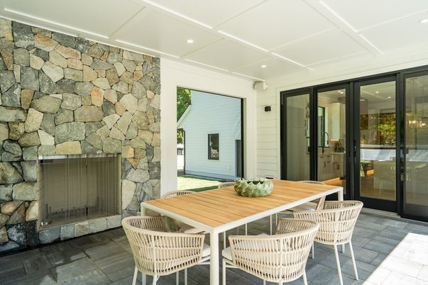 Dining room, Exterior, Fireplace, Interior, Recessed Lighting, Stone Walls