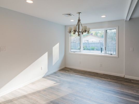 Chandelier, Empty room, Interior, Recessed Lighting, Wood Texture Flooring