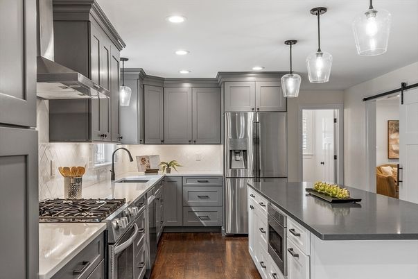 Interior, Kitchen, Pendant Lights, Recessed Lighting, Stainless Steel Appliances, Wood Texture Flooring