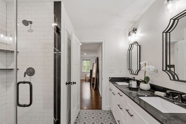 Bathroom, Dual Sink Vanities, Glass Shower, Interior, Wood Texture Flooring