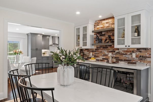 Interior, Kitchen, Recessed Lighting, Stone Walls, Wood Texture Flooring
