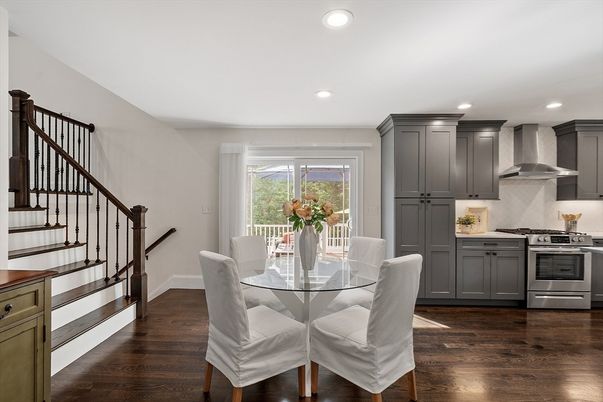 Dining room, Interior, Kitchen, Recessed Lighting, Stainless Steel Appliances, Wood Texture Flooring