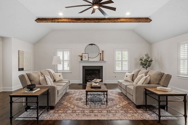 Fireplace, Interior, Living room, Recessed Lighting, Wooden Beams, Wood Texture Flooring
