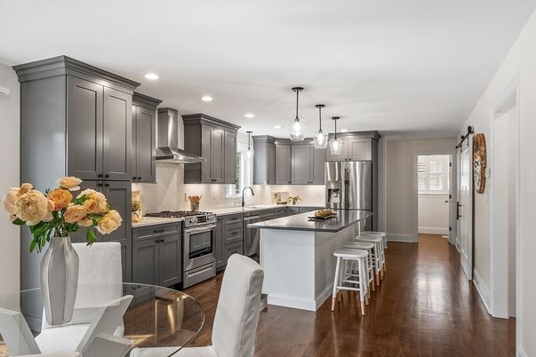 Interior, Kitchen, Pendant Lights, Recessed Lighting, Stainless Steel Appliances, Wood Texture Flooring