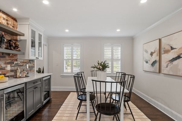 Dining room, Interior, Recessed Lighting, Wood Texture Flooring