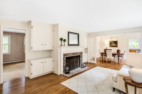 Dining room, Fireplace, Interior, Pendant Lights, Wood Texture Flooring