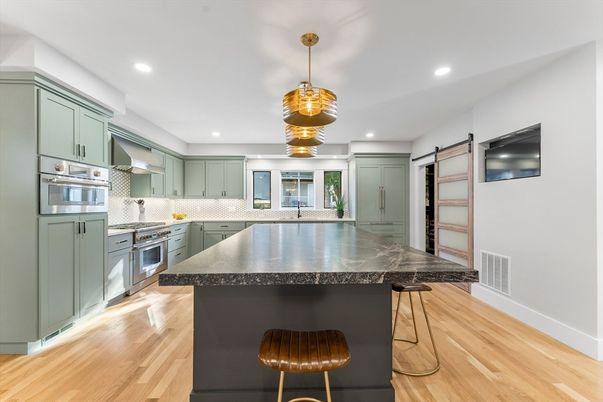 Interior, Kitchen, Pendant Lights, Recessed Lighting, Stainless Steel Appliances, Wood Texture Flooring