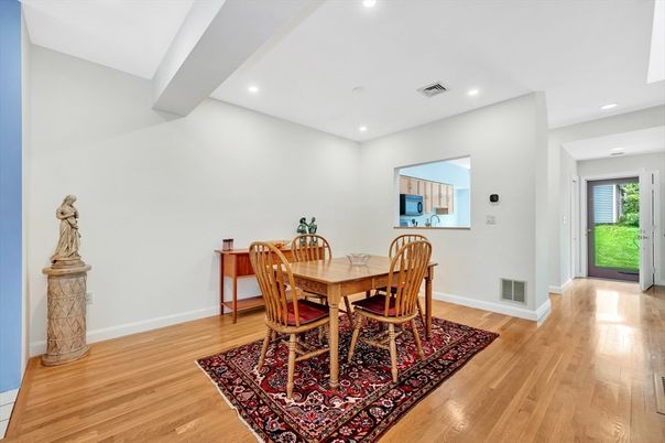 Dining room, Interior, Recessed Lighting, Wood Texture Flooring