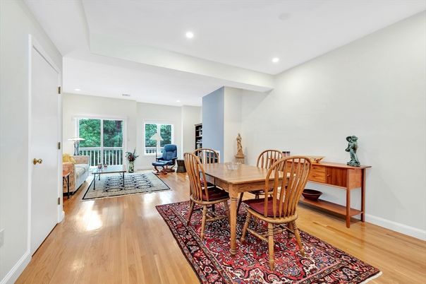Dining room, Interior, Living room, Recessed Lighting, Wood Texture Flooring