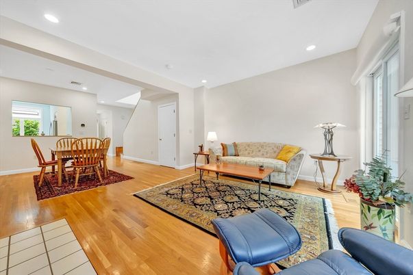 Dining room, Interior, Living room, Recessed Lighting, Wood Texture Flooring