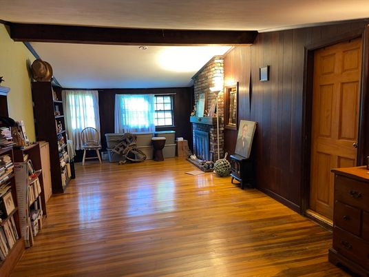 Fireplace, Interior, Recessed Lighting, Wood Texture Flooring, Wooden Walls