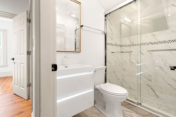 Bathroom, Glass Shower, Interior, Marble, Marble Walls, Wood Texture Flooring