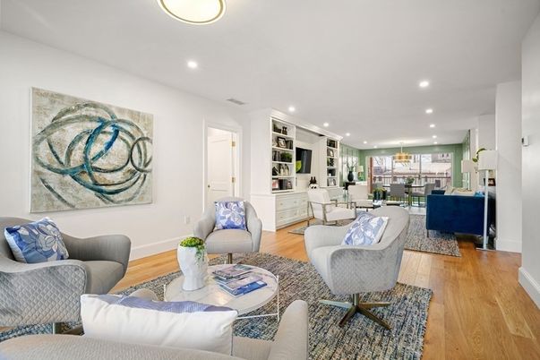 Dining room, Interior, Living room, Pendant Lights, Recessed Lighting, Wood Texture Flooring