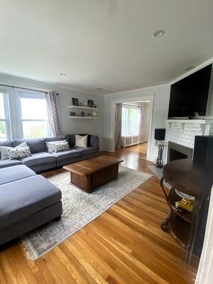 Fireplace, Interior, Living room, Recessed Lighting, Wood Texture Flooring
