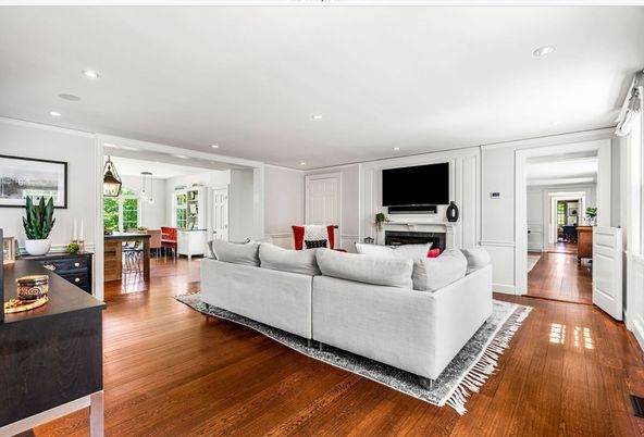 Dining room, Fireplace, Interior, Living room, Pendant Lights, Recessed Lighting, Wood Texture Flooring