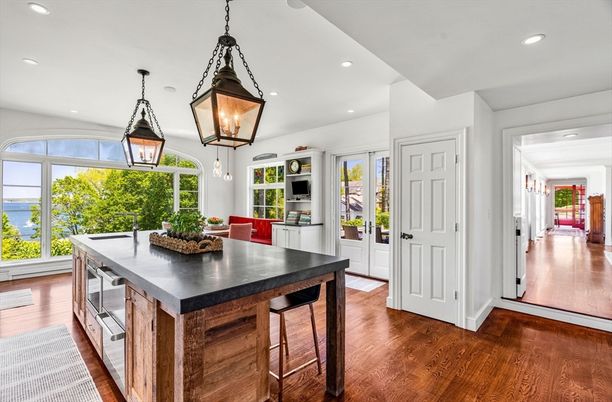Dining room, Interior, Kitchen, Pendant Lights, Recessed Lighting, Water, Wood Texture Flooring