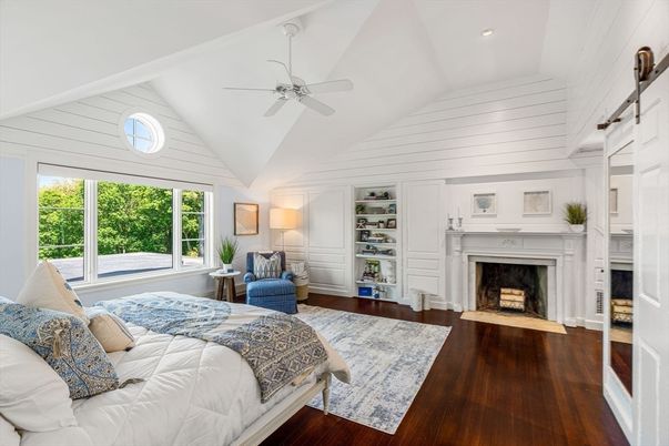 Bedroom, Fireplace, Interior, Recessed Lighting, Wood Texture Flooring
