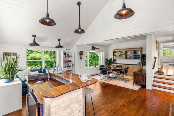 Dining room, Fireplace, Interior, Kitchen, Living room, Pendant Lights, Recessed Lighting, Wood Texture Flooring