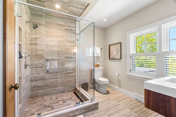 Bathroom, Glass Shower, Interior, Recessed Lighting, Wood Texture Flooring