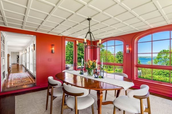 Dining room, Interior, Pendant Lights, Water, Wood Texture Flooring