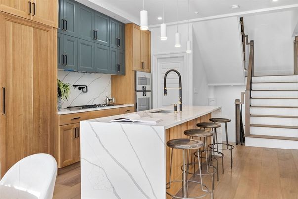 Interior, Kitchen, Marble Walls, Pendant Lights, Recessed Lighting, Wood Texture Flooring