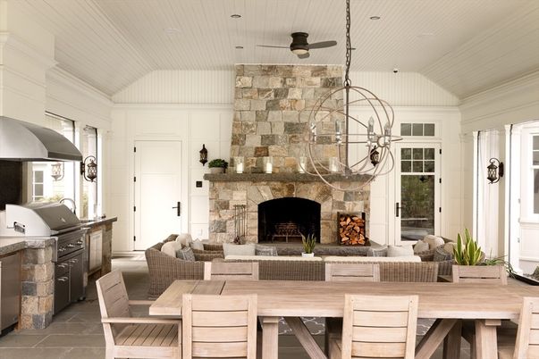 Dining room, Fireplace, Interior, Living room, Pendant Lights, Stone Walls