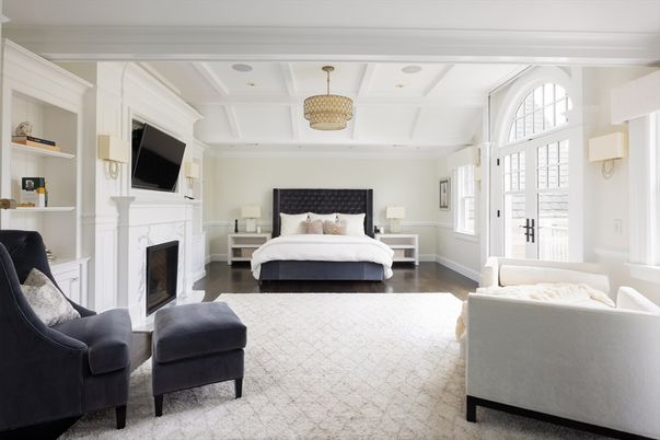 Bedroom, Fireplace, Interior, Pendant Lights, Recessed Lighting, Wood Texture Flooring