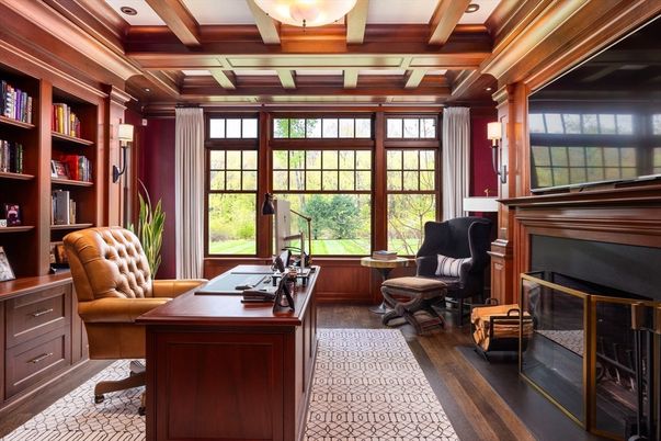 Fireplace, Home Office, Interior, Recessed Lighting, Wooden Beams, Wooden Ceilings, Wood Texture Flooring