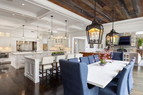Dining room, Interior, Kitchen, Pendant Lights, Recessed Lighting, Stainless Steel Appliances, Stone Walls, Wooden Ceilings, Wood Texture Flooring