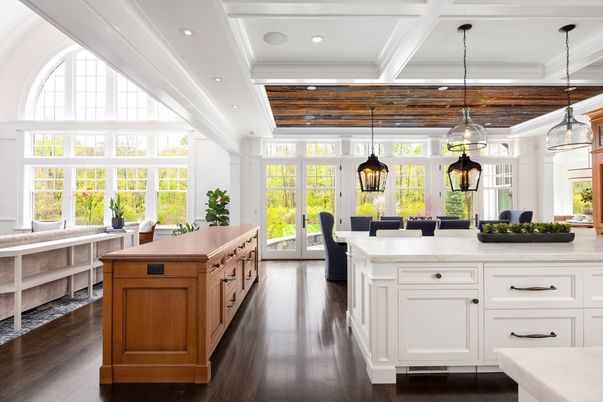 Dining room, Interior, Pendant Lights, Recessed Lighting, Wooden Ceilings, Wood Texture Flooring