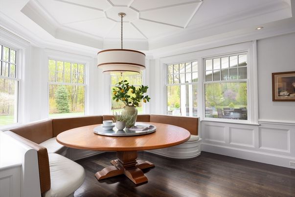Dining room, Interior, Pendant Lights, Recessed Lighting, Wood Texture Flooring
