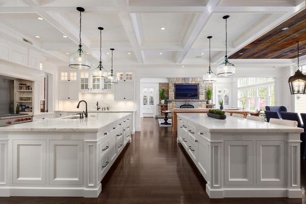 Fireplace, Interior, Kitchen, Living room, Pendant Lights, Recessed Lighting, Stainless Steel Appliances, Wood Texture Flooring