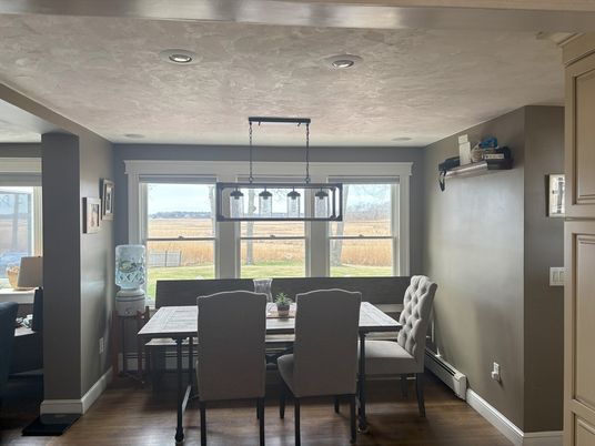 Dining room, Interior, Pendant Lights, Recessed Lighting, Wood Texture Flooring