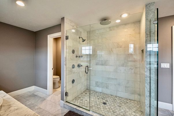 Bathroom, Glass Shower, Interior, Marble Walls, Recessed Lighting