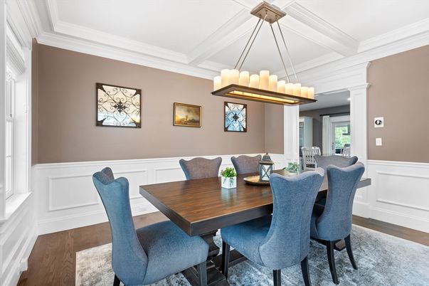 Chandelier, Dining room, Interior, Pendant Lights, Wood Texture Flooring
