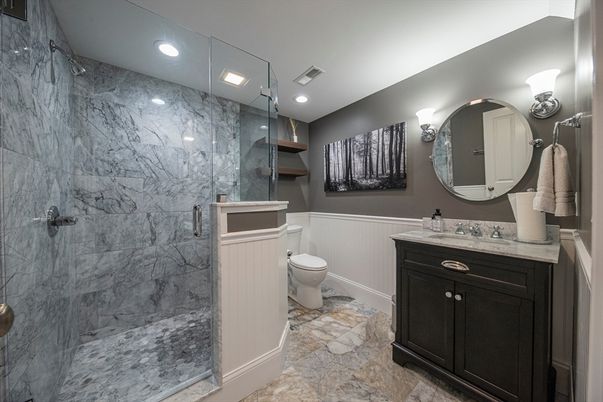 Bathroom, Glass Shower, Interior, Marble Walls, Recessed Lighting