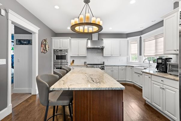 Chandelier, Interior, Kitchen, Pendant Lights, Recessed Lighting, Stainless Steel Appliances, Wood Texture Flooring