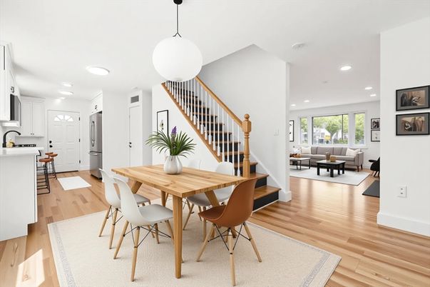 Dining room, Interior, Kitchen, Living room, Pendant Lights, Recessed Lighting, Wood Texture Flooring