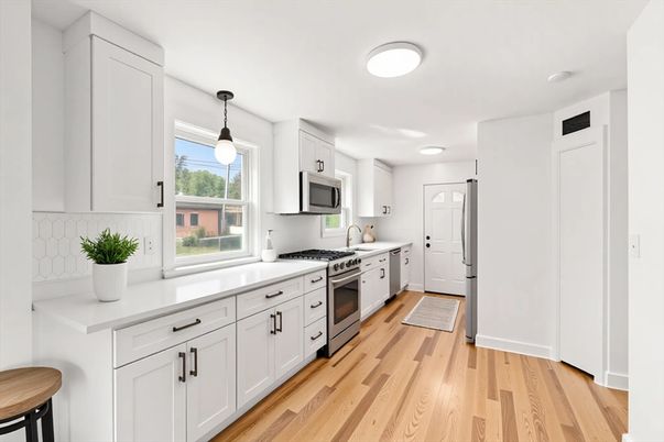 Interior, Kitchen, Pendant Lights, Stainless Steel Appliances, Wood Texture Flooring